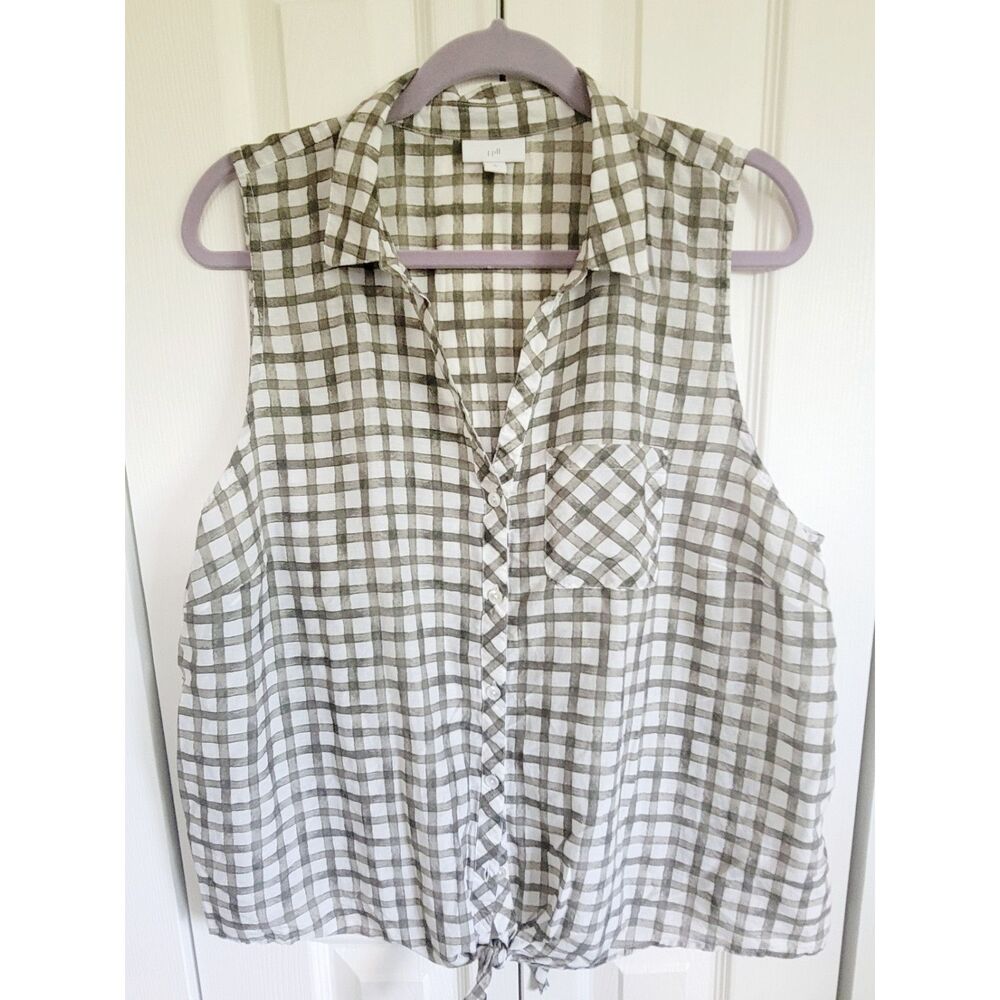 J. Jill XL Cotton Silk Blend Button Up Tie Front Sleeveless Top Green Sleeveless